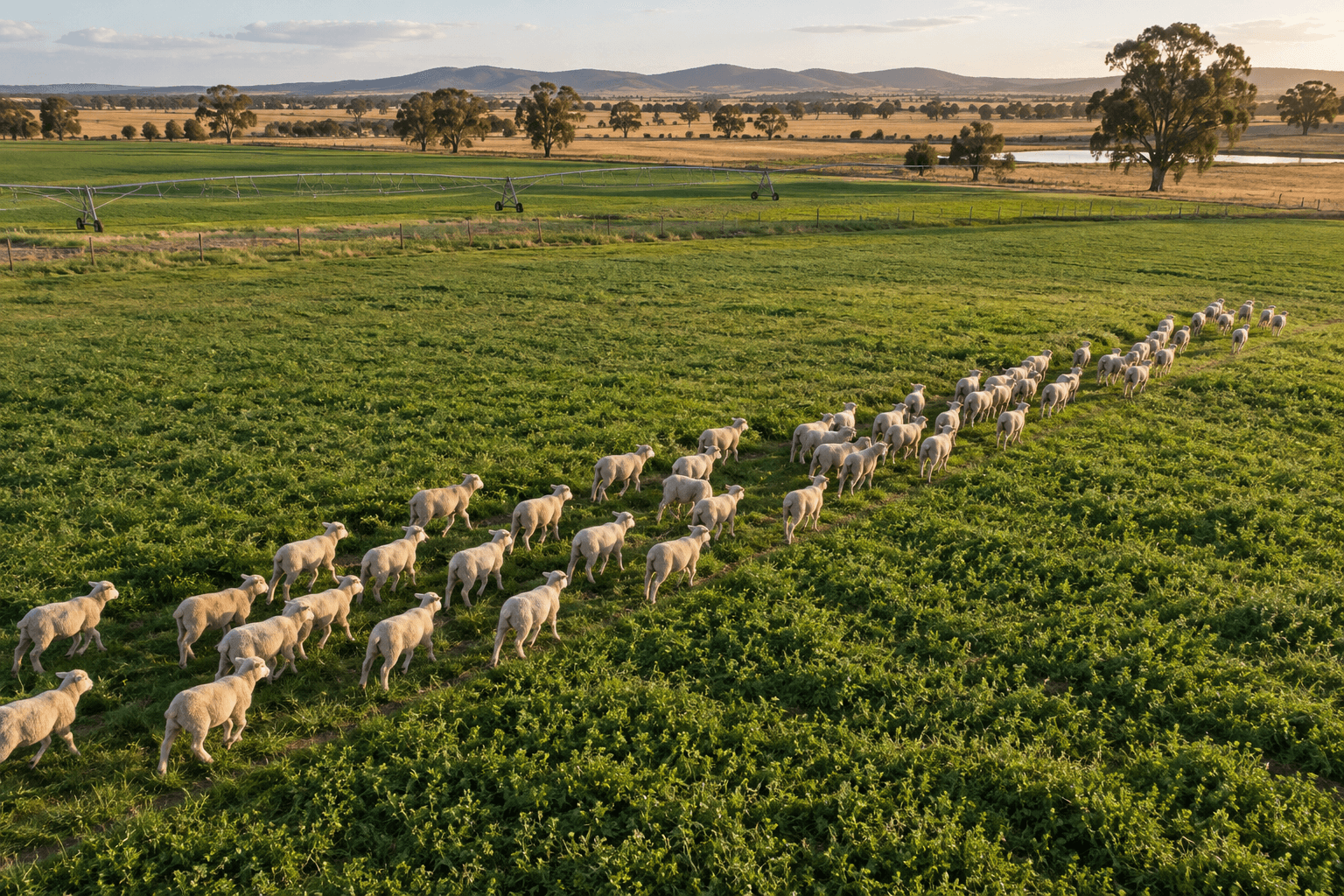 AI-generated illustration of lambs moving across an irrigated Australian paddock